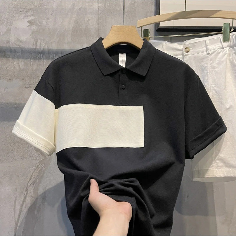 New Trendy Patchwork Contrast Color Lapels Short Sleeve Summer Loose Men