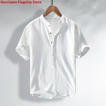 Men's Summer Thin Japanese Stand Collar Linen Short Sleeve Shirt White Versatile Casual Top