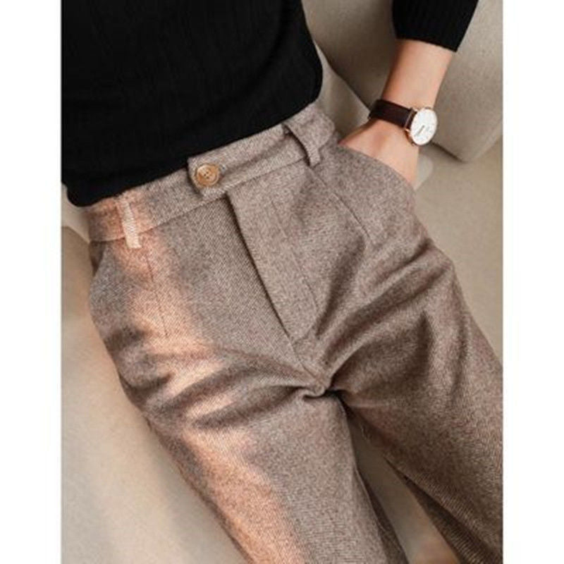 Thickened High-Waist Woolen Trousers Ankle-Length Pants