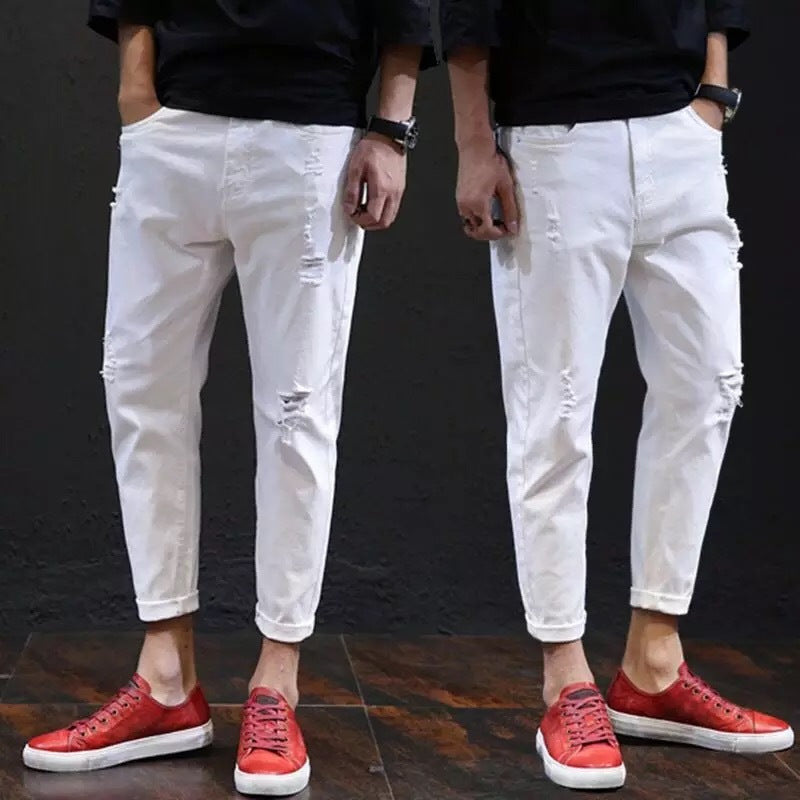 Ripped Harem Pants Men's Casual White Pants