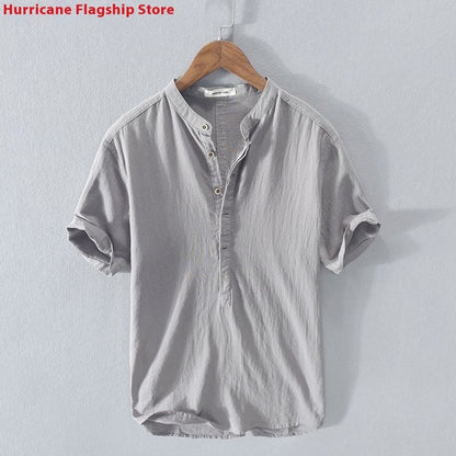 Men's Summer Thin Japanese Stand Collar Linen Short Sleeve Shirt White Versatile Casual Top