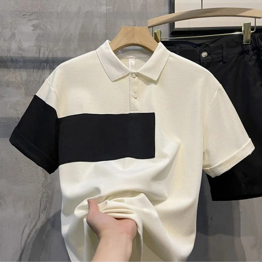 New Trendy Patchwork Contrast Color Lapels Short Sleeve Summer Loose Men