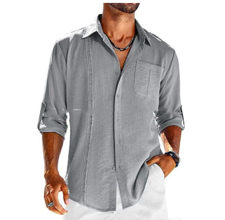 Casual  Long Sleeve Shirt With Pocket Lace Polo Collar Solid Color Button Mens Clothing