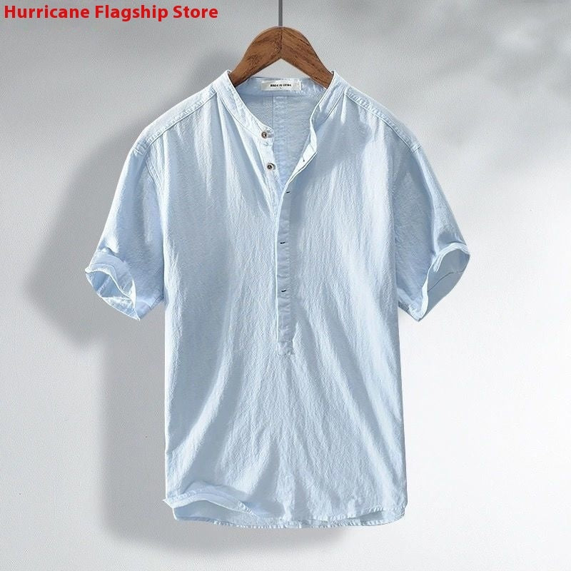 Men's Summer Thin Japanese Stand Collar Linen Short Sleeve Shirt White Versatile Casual Top