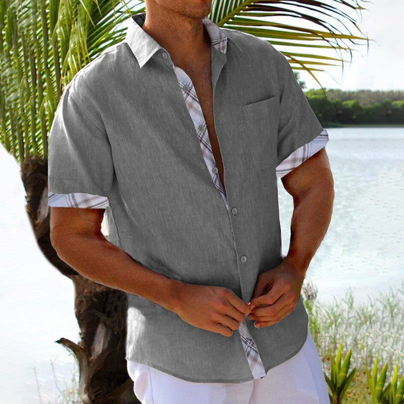 Vacation Short Sleeve Shirts With Plaid Side Summer Hawaii Beach Top Mens Clothing